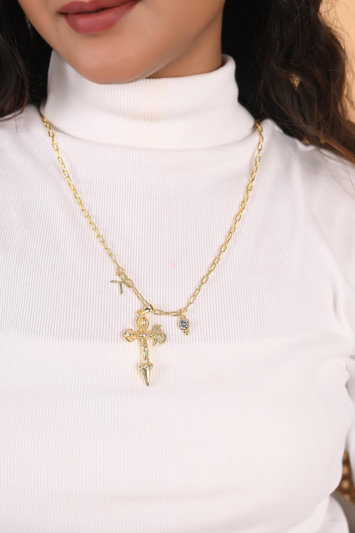 Custom Birthstone Initial Cross Necklace: Personalized Gold Plated Brass Jewelry