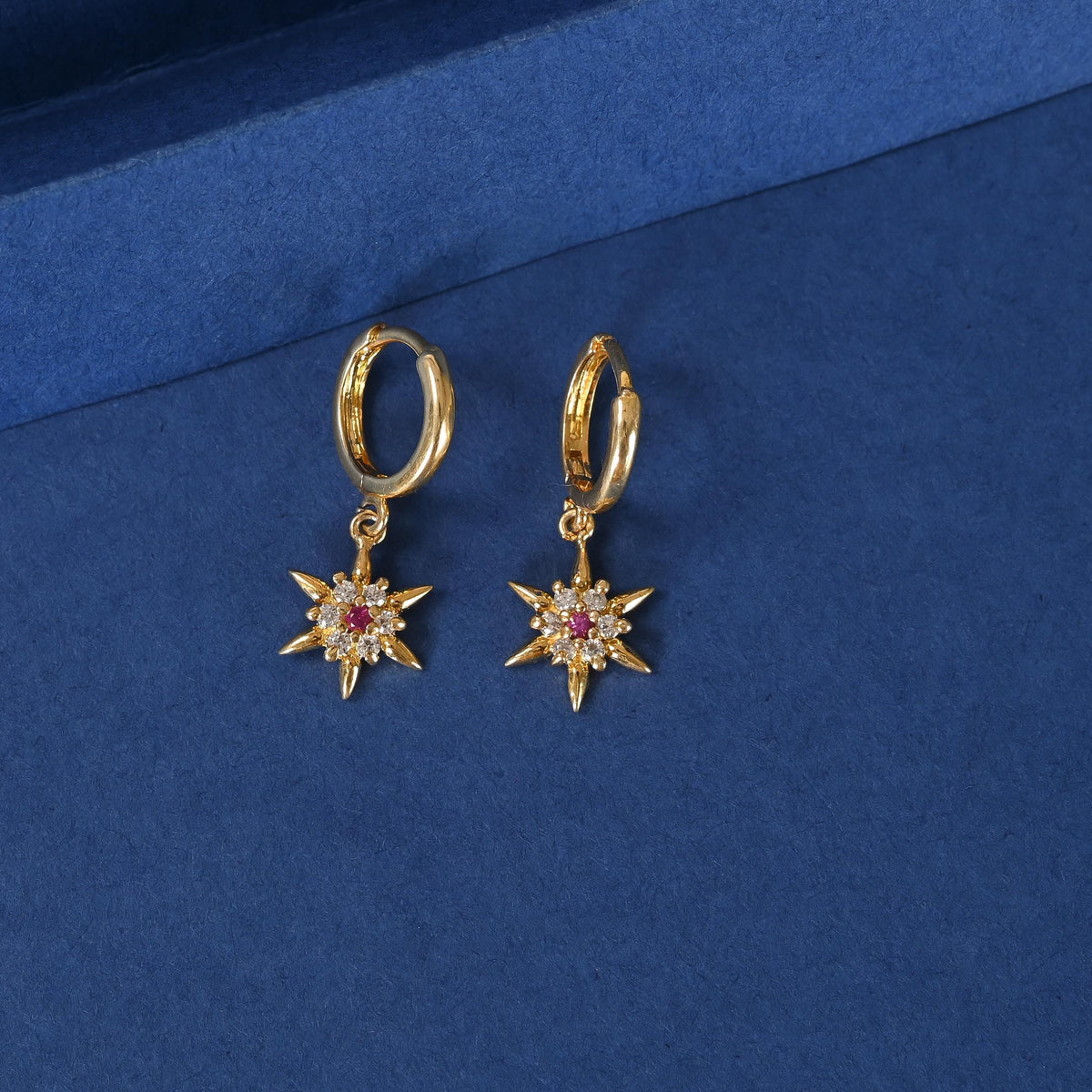 Gold Star Hoop Earring Zircon Celestial Dangle