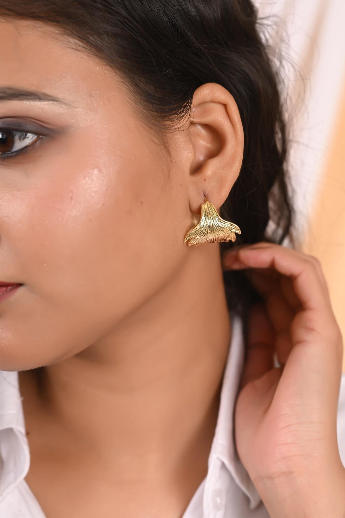 Gold Plated Leafy Silver Hoop Earrings: Brass Statement Jewelry