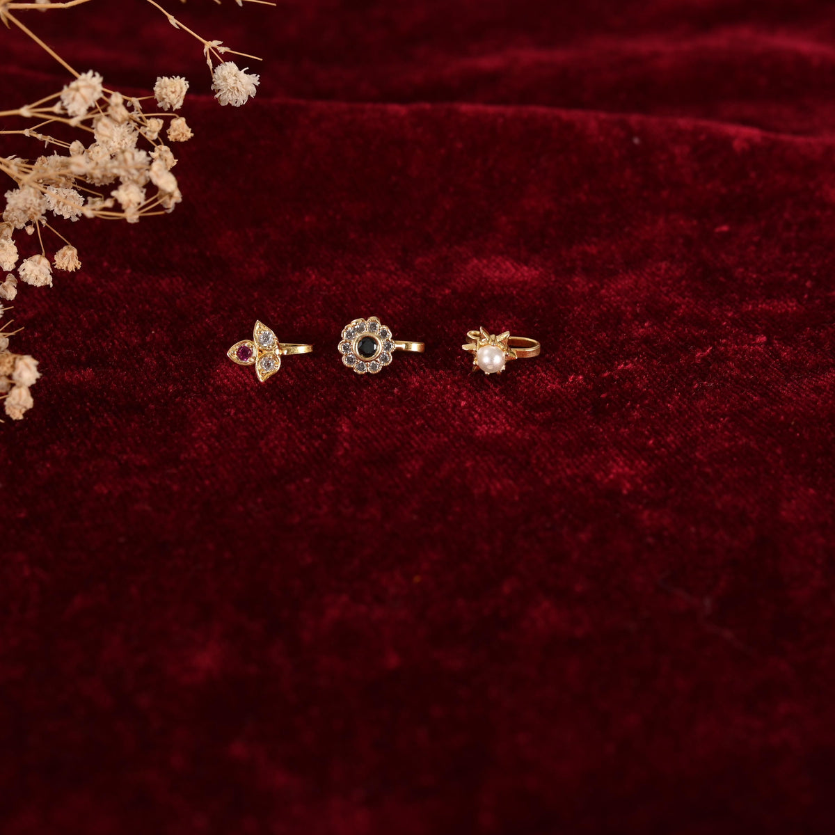 Gold Plated Nose Stud Set: American Diamond, Non-Piercing, Pack of 3