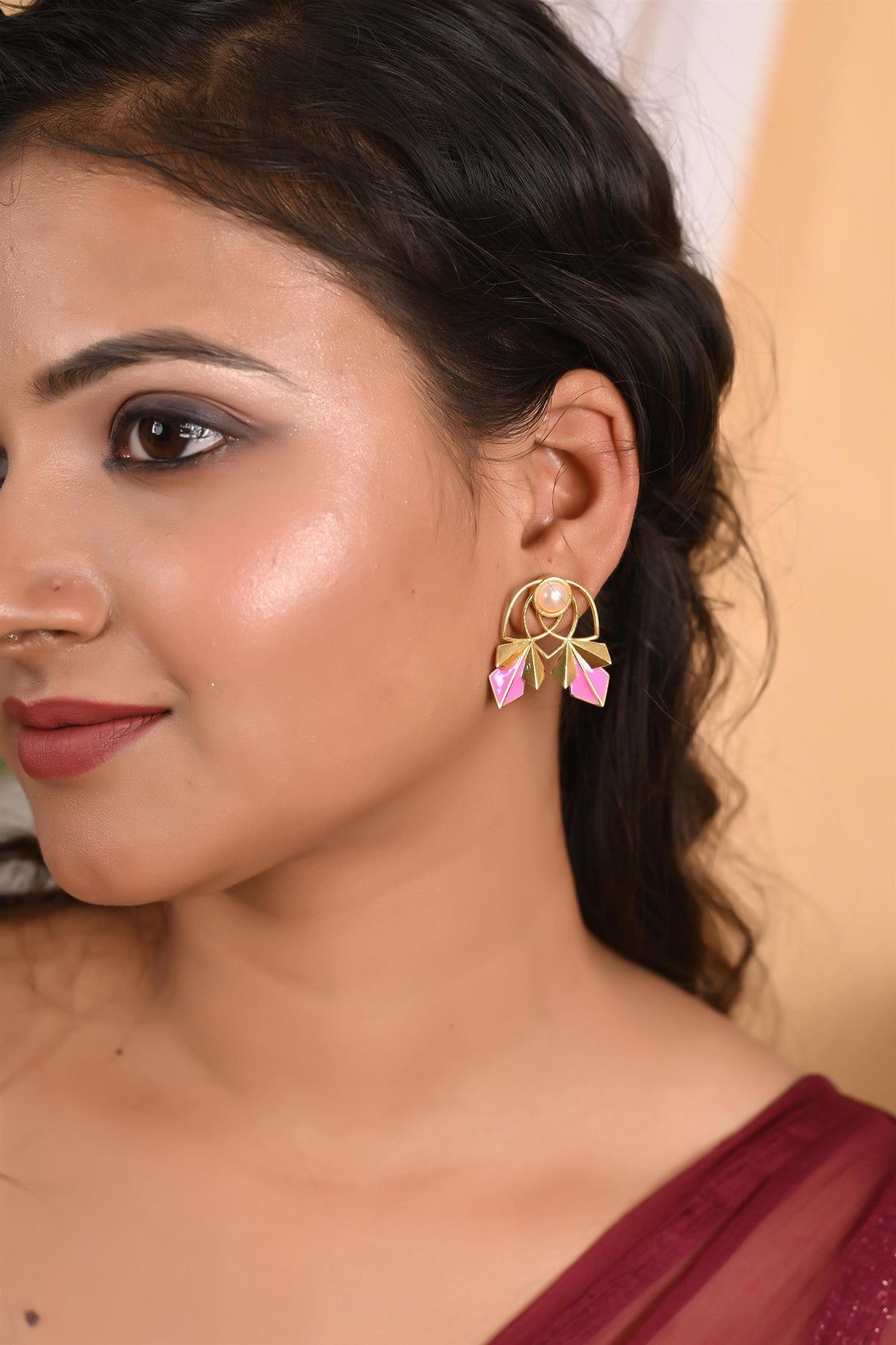 Gold Stud Earrings with Enamelling Work, Pearl Studded