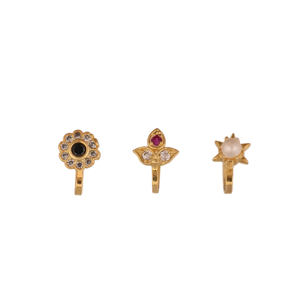 Gold Plated Nose Stud Set: American Diamond, Non-Piercing, Pack of 3