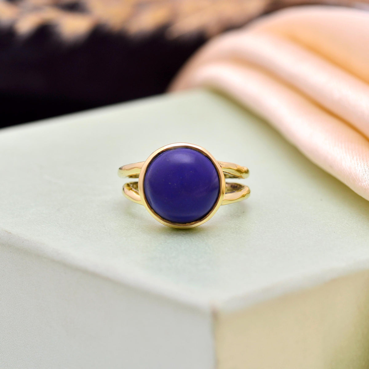 Blue Cabochon Stone Gold Ring | Handmade Adjustable Boho Ring