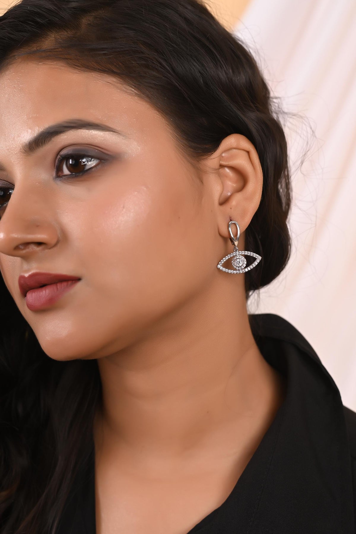 Handmade Eye Shaped Zircon Silver-Plated Dangle Hoop Earring for Women and Girls