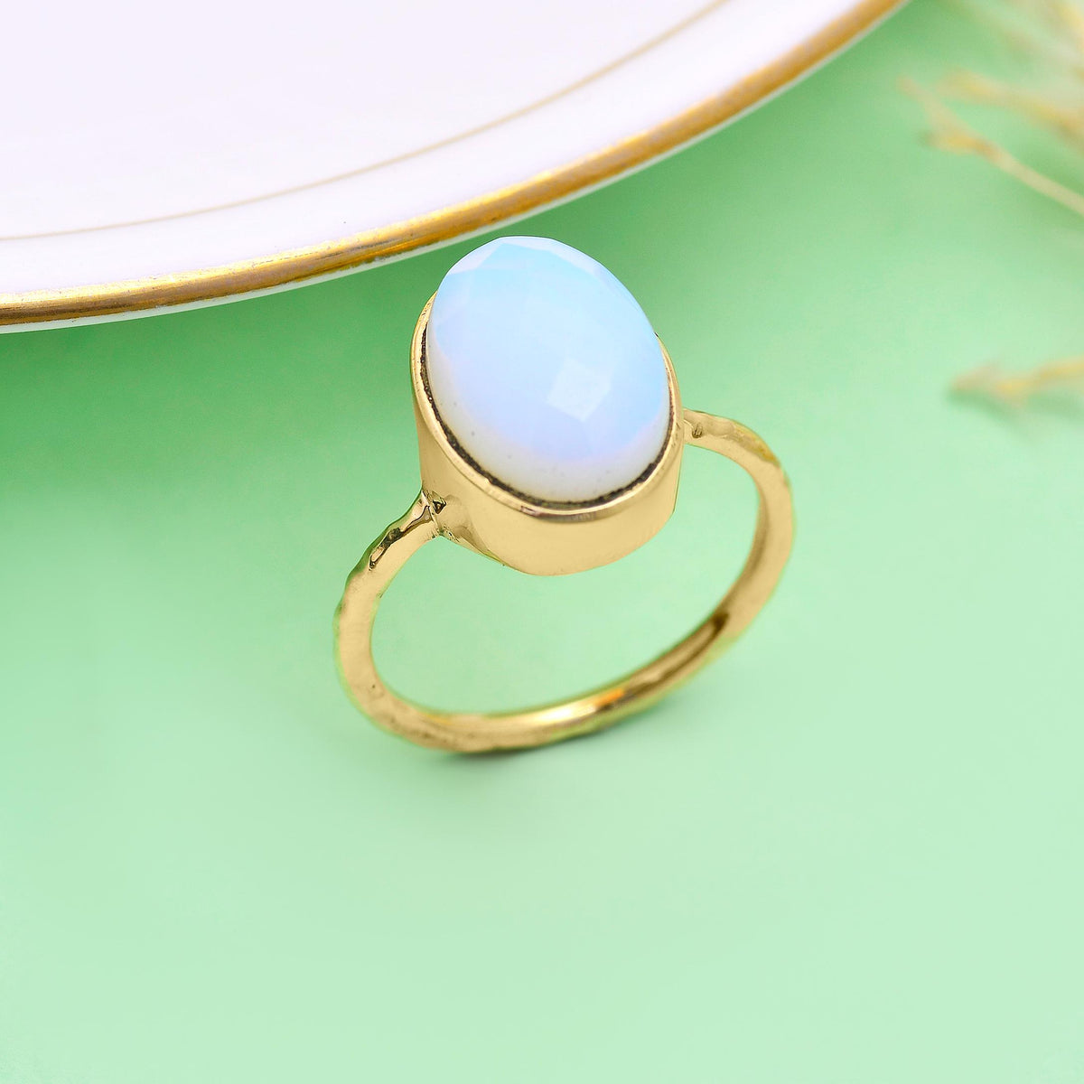Oval Opalite Ring, Gold Minimalist Handmade Jewelry