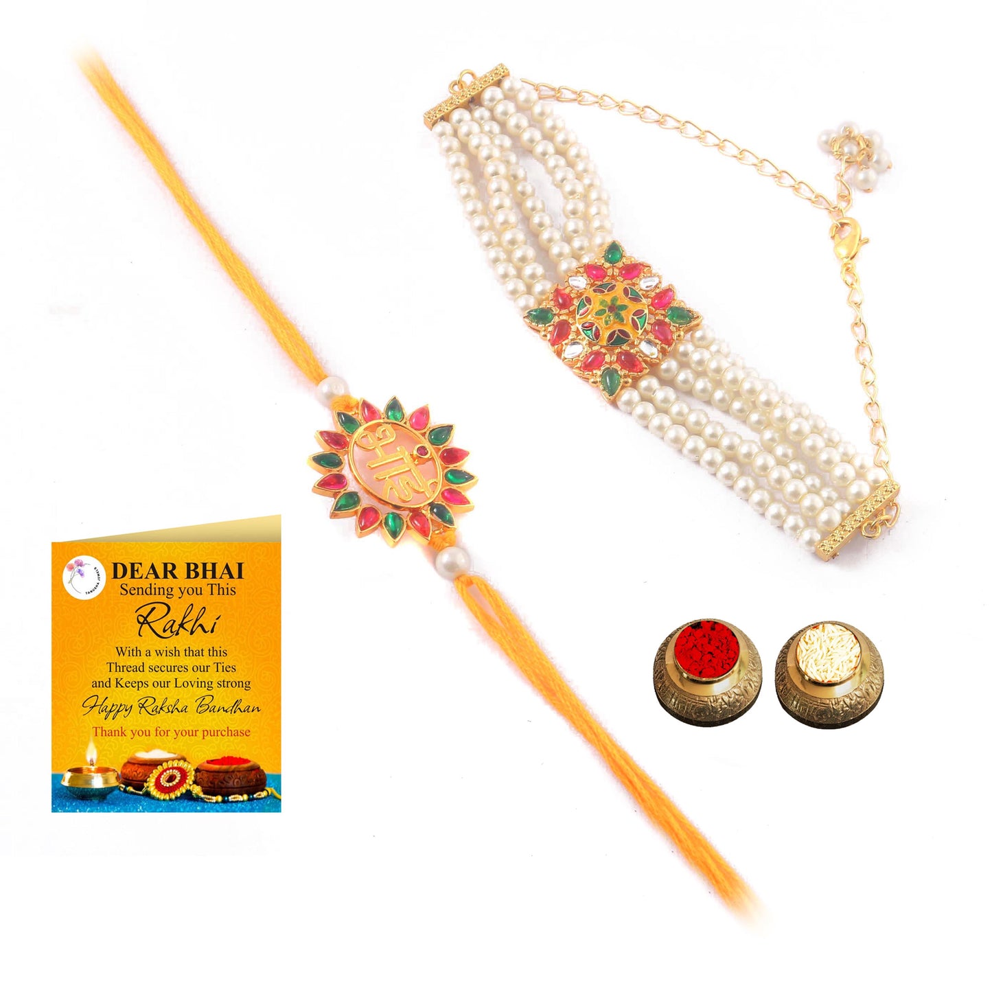 Tanusha Jewels Multicolour Pearl Bhaiya & Bhabhi Rakhi Set