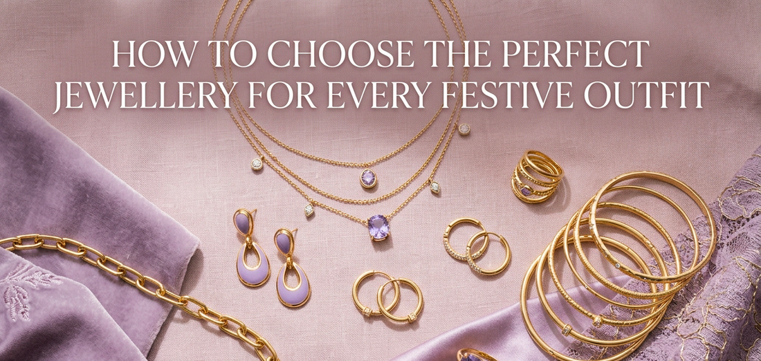 Lavender-themed festive jewellery styling guide featuring traditional earrings and elegant accessories by Tanusha Jewels