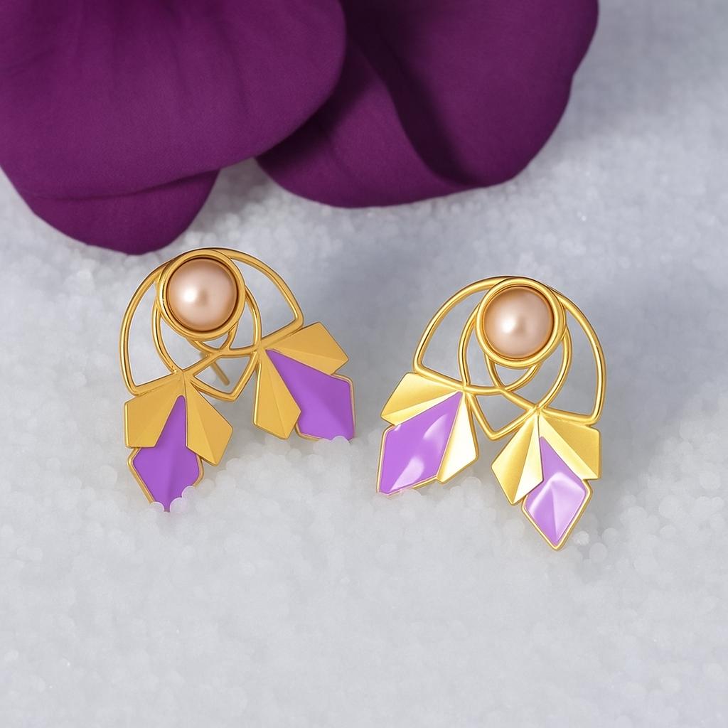Gold Stud Earrings with Enamelling Work, Pearl Studded