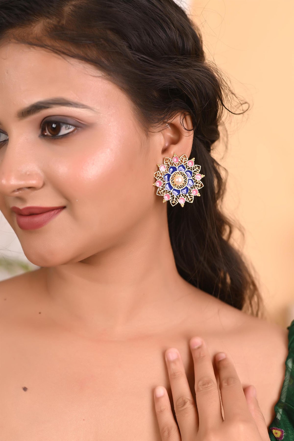 Handcrafted Meenakari Enamel Stud Earrings with Pearl
