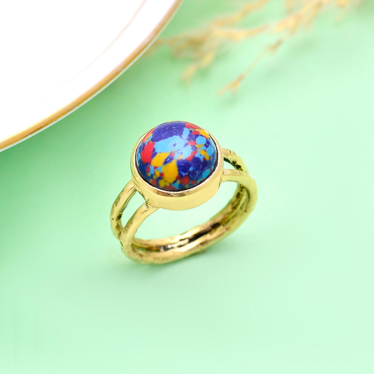 Hammered Gold Sea Sediment Jasper Ring, Colorful Boho Statement Jewelry