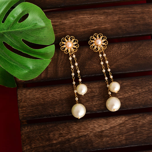 Gold Plated Pearl Drop Earrings: Indian Style 2-in-1 Earrings