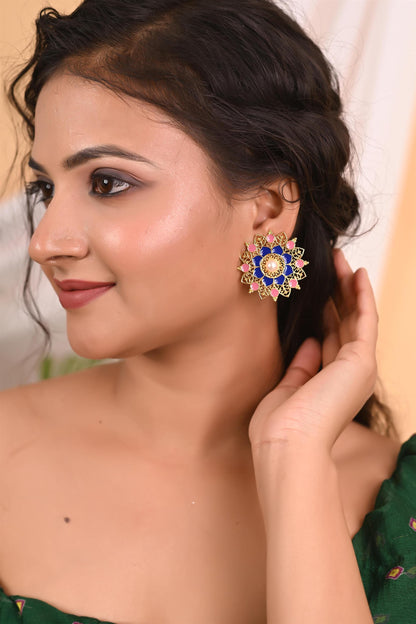 Handcrafted Meenakari Enamel Stud Earrings with Pearl