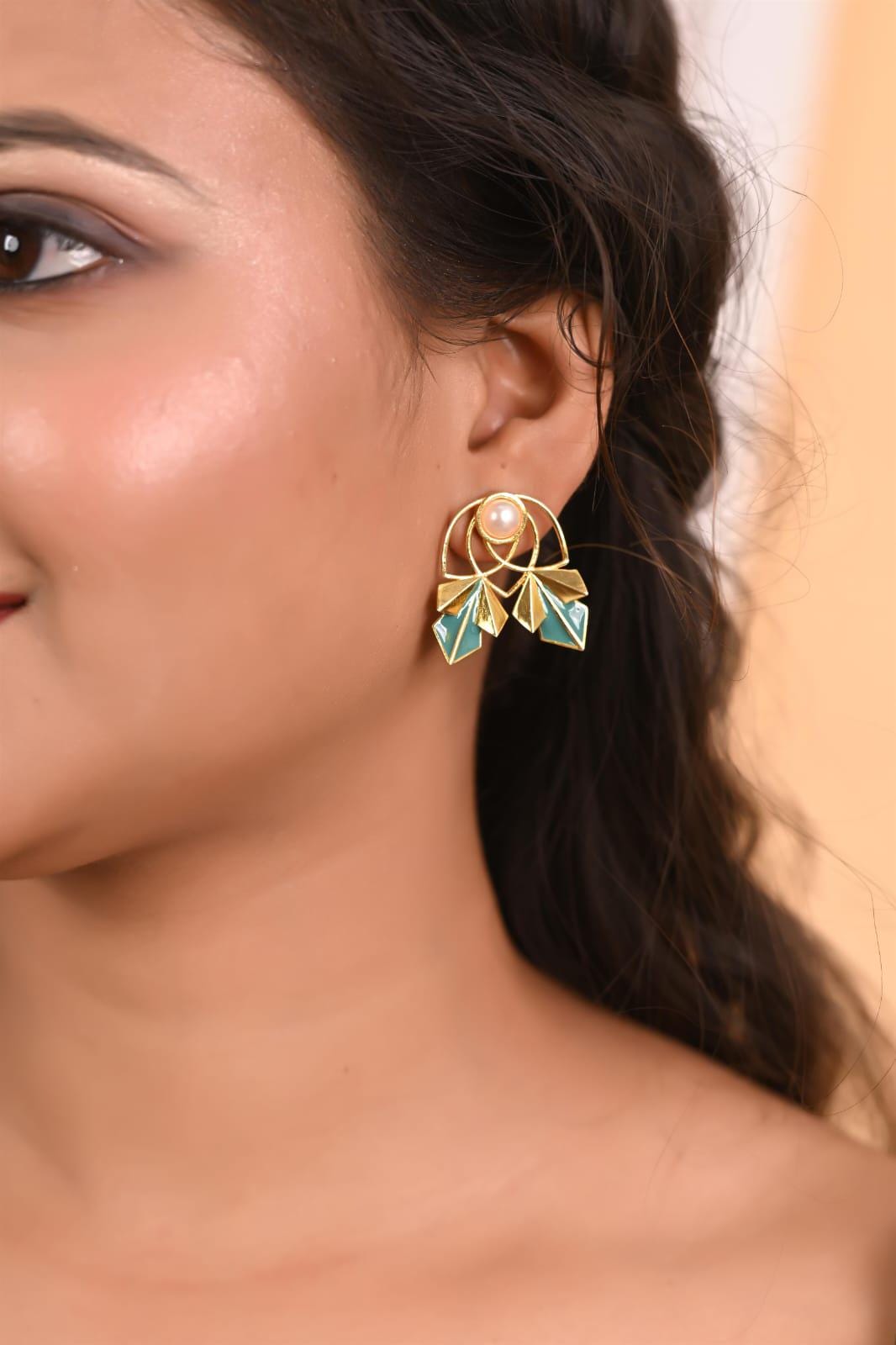 Gold Stud Earrings with Enamelling Work, Pearl Studded