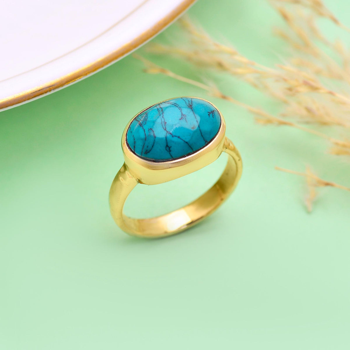 Handmade Oval Turquoise Stone Ring | Gold Boho Jewelry