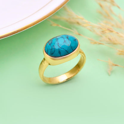 Handmade Oval Turquoise Stone Ring | Gold Boho Jewelry
