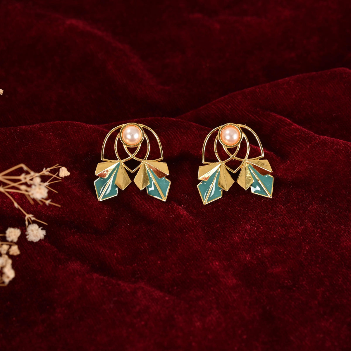 Gold Stud Earrings with Enamelling Work, Pearl Studded