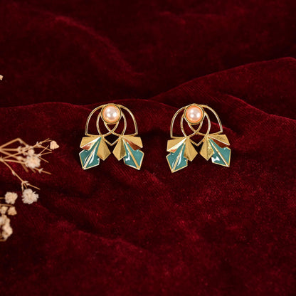 Gold Stud Earrings with Enamelling Work, Pearl Studded
