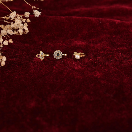 Gold Plated Nose Stud Set: American Diamond, Non-Piercing, Pack of 3