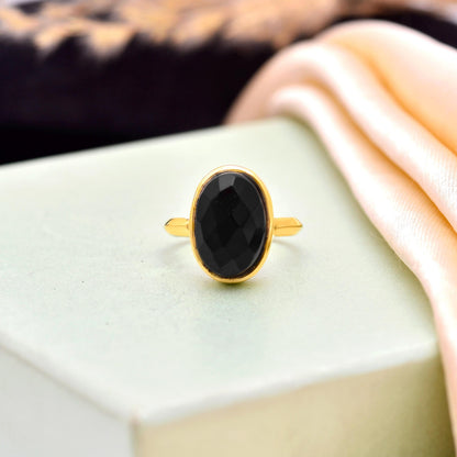 Handmade Black Onyx Gold Plated Ring | Oval Boho Statement Ring