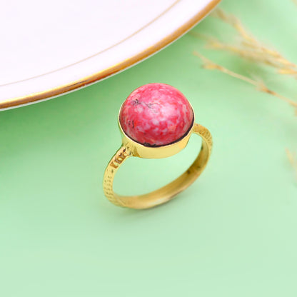 Handmade Natural Pink Stone Ring | Gold Boho Statement Ring