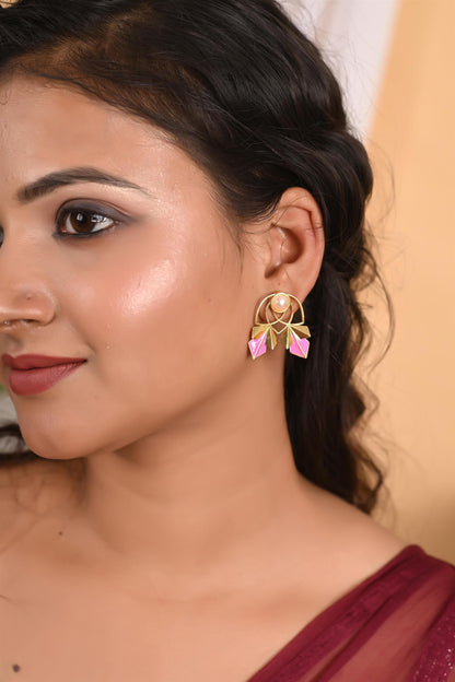 Gold Stud Earrings with Enamelling Work, Pearl Studded