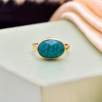 Handmade Oval Turquoise Stone Ring | Gold Boho Jewelry
