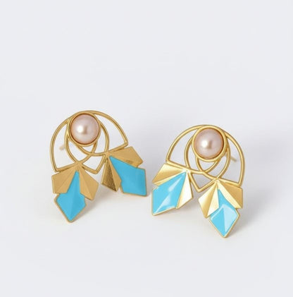 Gold Stud Earrings with Enamelling Work, Pearl Studded