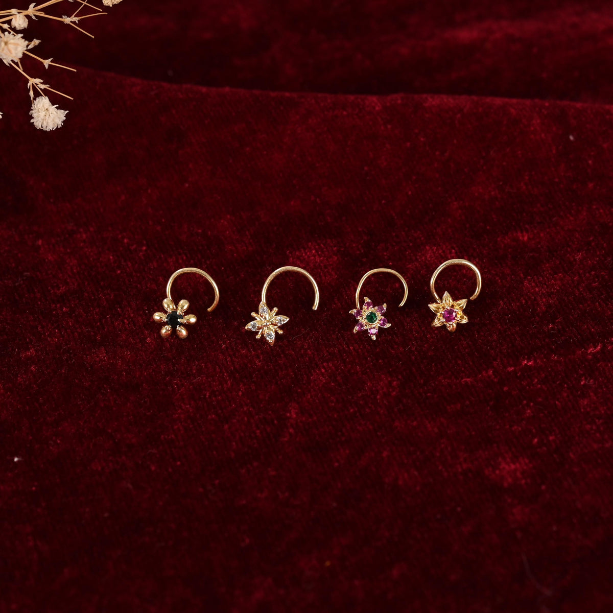Gold Nose Pin Set for women and Girls, Zircon Studded Studs, Pack of 4