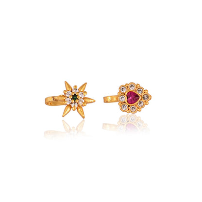 Gold Plated American Diamond Nose Stud Set: Non-Piercing Nose Pins