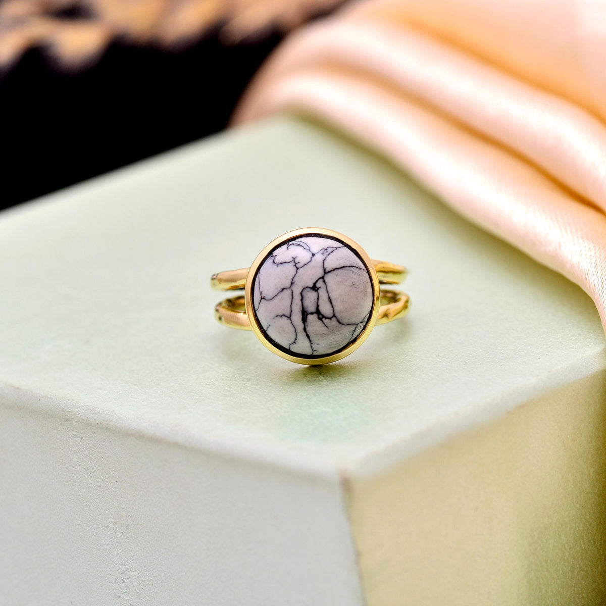Gold Bezel White Howlite Ring | Handmade Adjustable Stone Ring