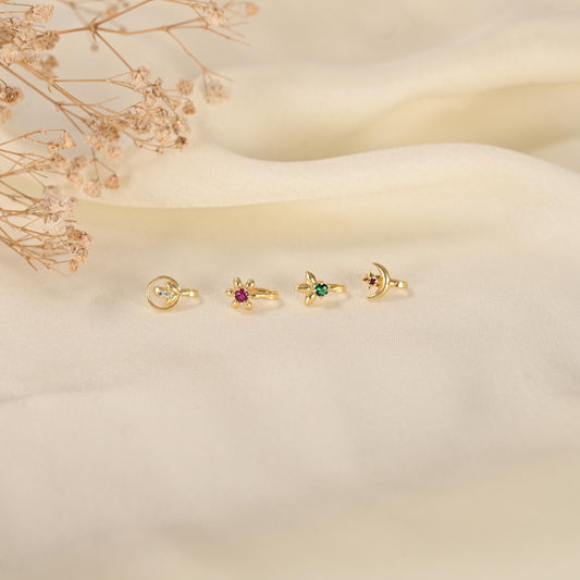 Gold Plated Nose Stud Set: American Diamond, Non-Piercing, Pack of 4