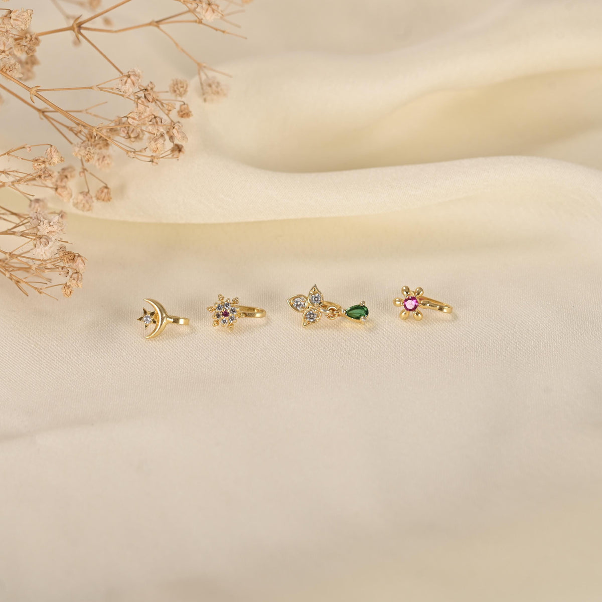 Gold Plated Nose Stud Set: American Diamond, Non-Piercing, Pack of 4