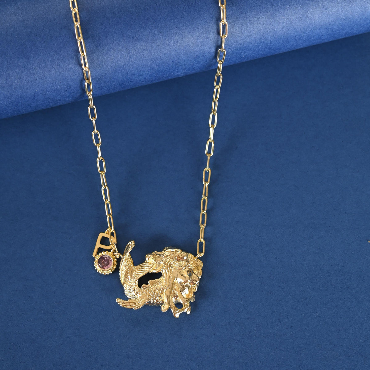 Custom Birthstone Initial Mermaid Necklace: Personalized Gold Plated Brass Jewelry