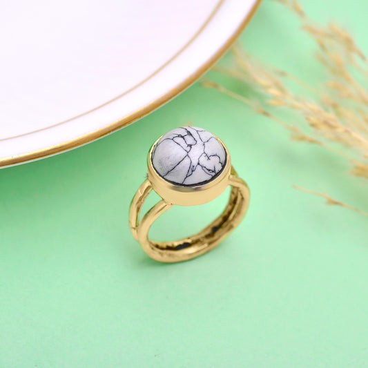 Gold Bezel White Howlite Ring | Handmade Adjustable Stone Ring