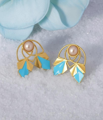 Gold Stud Earrings with Enamelling Work, Pearl Studded