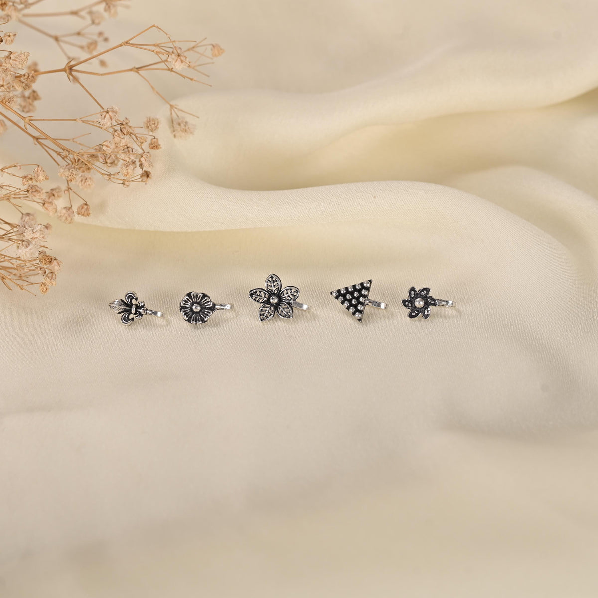 Oxidized Silver Nose Pin Set, Non-Piercing Nose Jewelry
