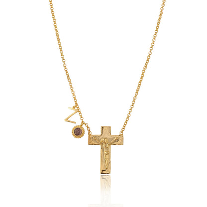 Custom Birthstone Initial Cross Necklace: Personalized Gold Plated Brass Jewelry