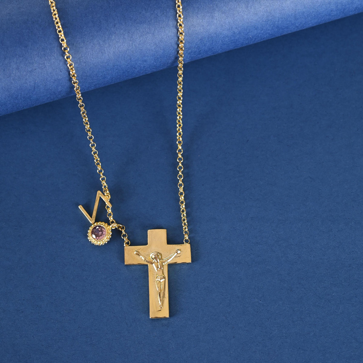 Custom Birthstone Initial Cross Necklace: Personalized Gold Plated Brass Jewelry