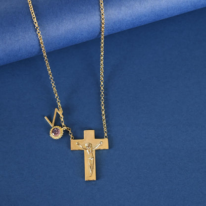 Custom Birthstone Initial Cross Necklace: Personalized Gold Plated Brass Jewelry