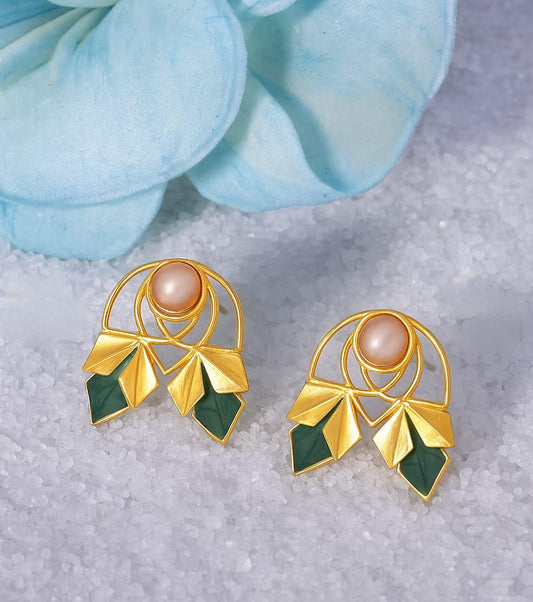 Gold Stud Earrings with Enamelling Work, Pearl Studded