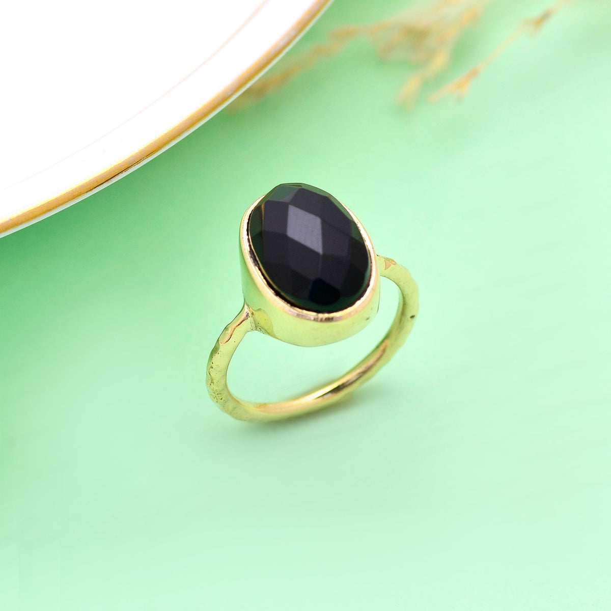 Handmade Black Onyx Gold Plated Ring | Oval Boho Statement Ring