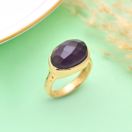 Gold Plated Amethyst Handmade Faceted Purple Gemstone Ring | February Birthstone Jewelry