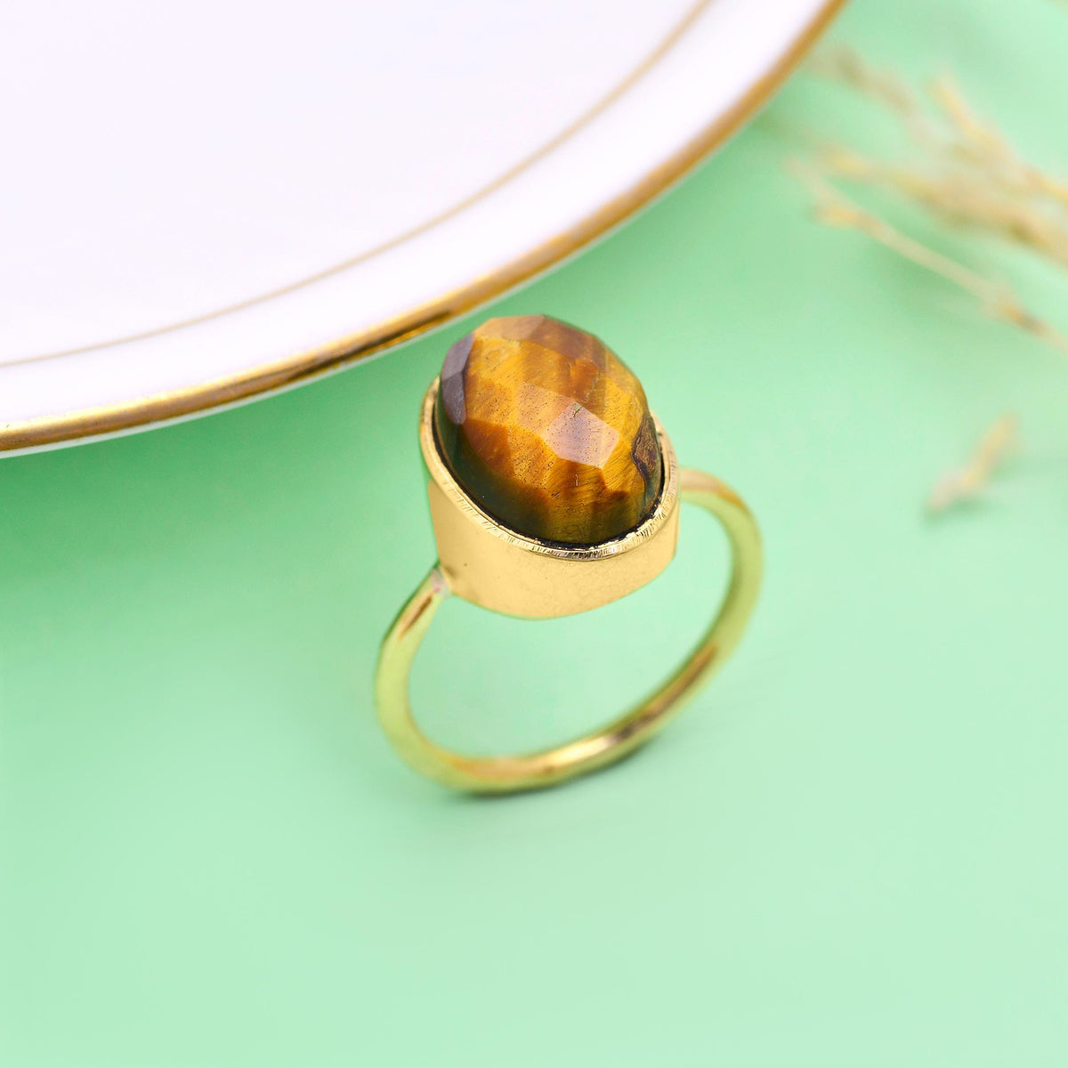 Handmade Oval Tiger Eye Ring – Gold Bezel, Minimalist Boho Jewelry