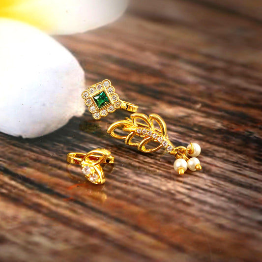 Gold Plated Nose Stud Set, Non-Piercing Nose Jewelry, Pack of 3