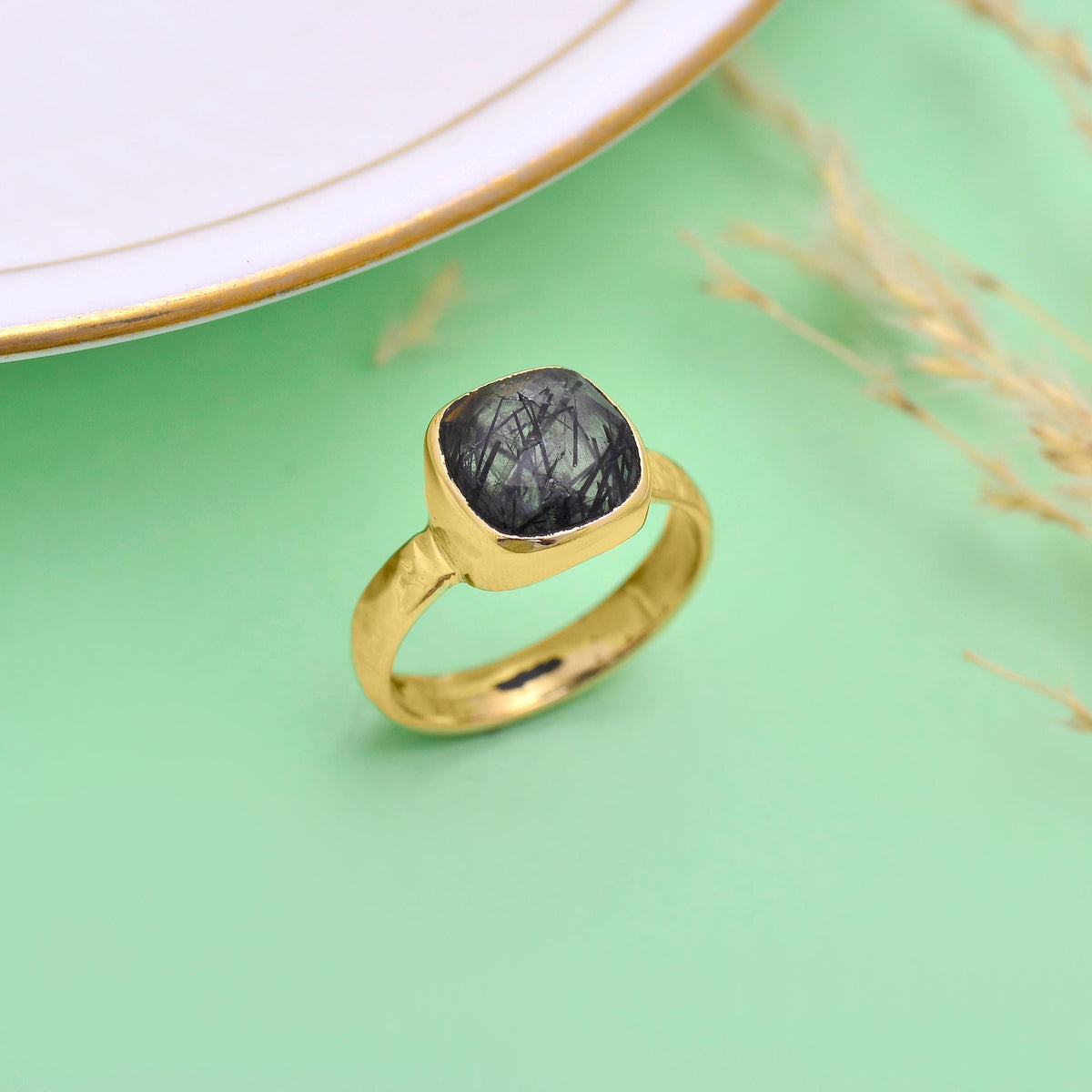 Handmade Black Rutilated Quartz Ring – Minimalist Gold Jewelry