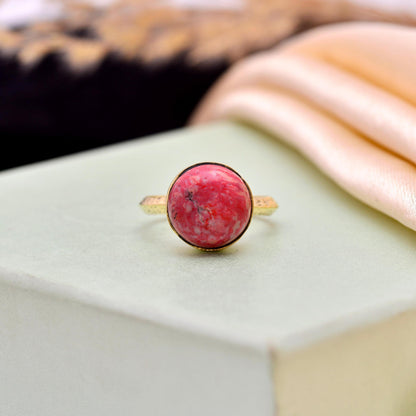 Handmade Natural Pink Stone Ring | Gold Boho Statement Ring