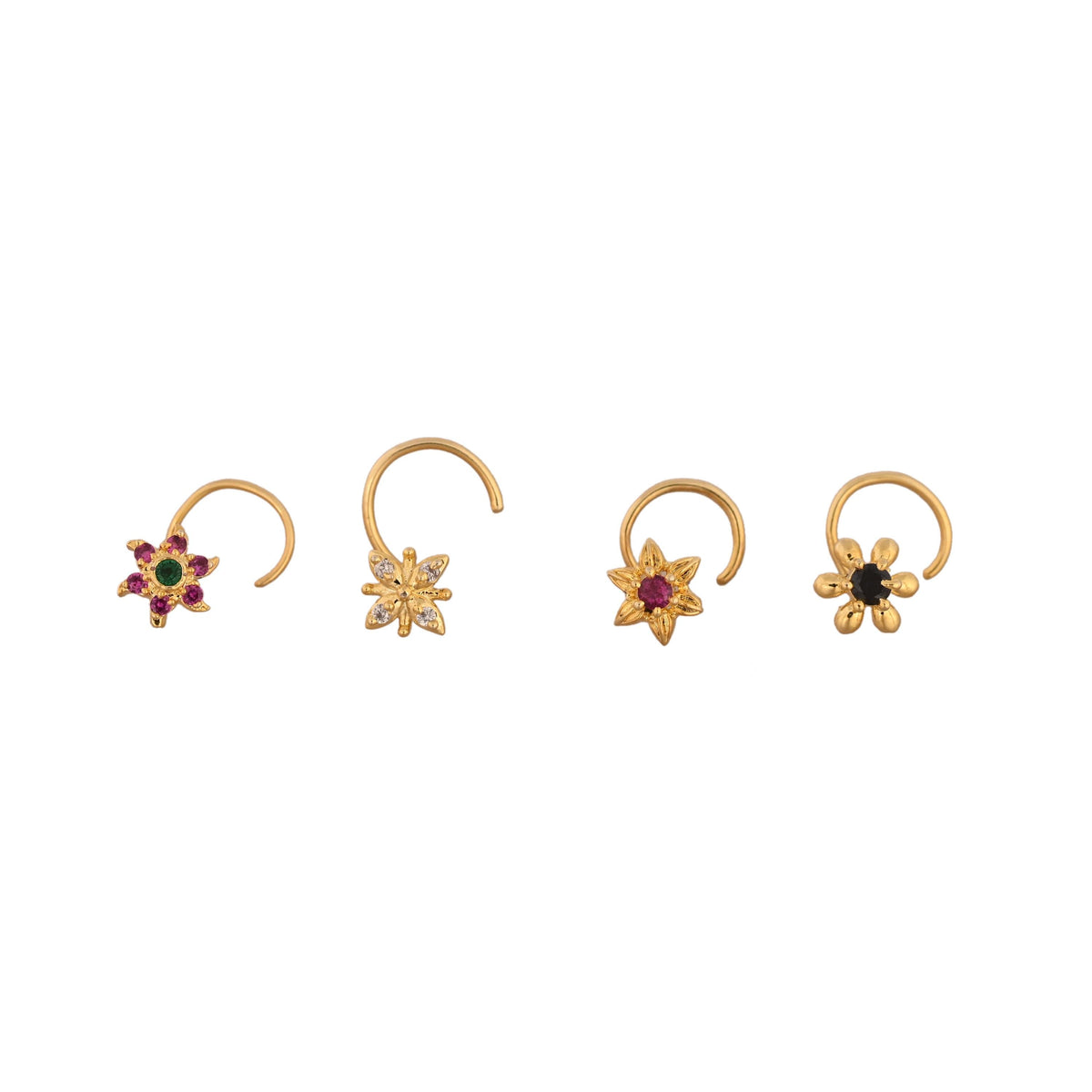 Gold Nose Pin Set for women and Girls, Zircon Studded Studs, Pack of 4