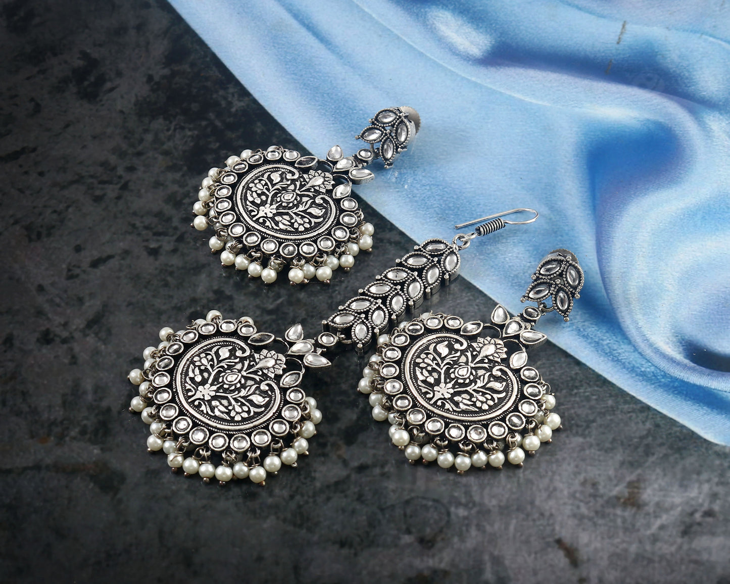 Tanusha Jewels Silver Oxidised Pearl Studed Earring & Maangtikka Set For Womens & Girls