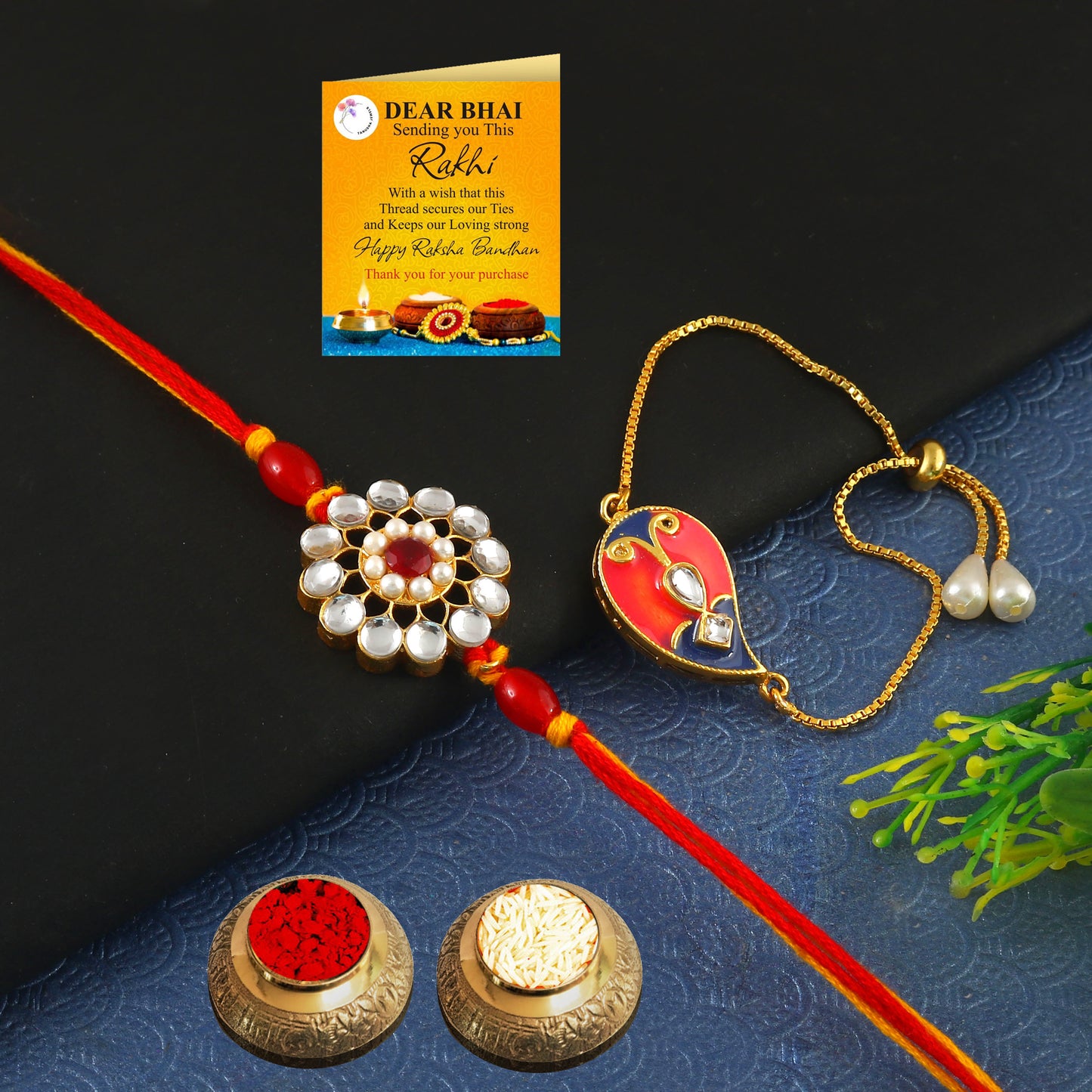 Tanusha Jewels Kundan Studded Bhaiya Bhabhi Rakhi Set
