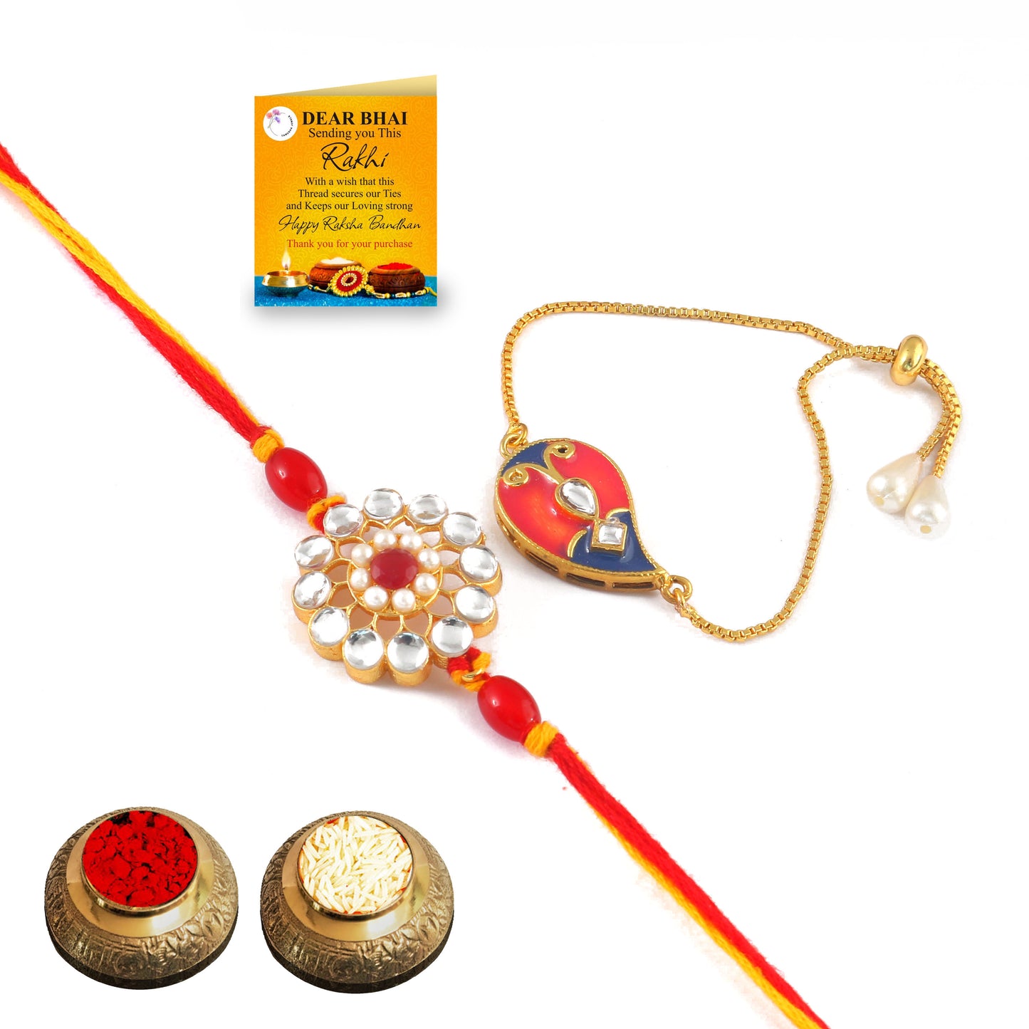 Tanusha Jewels Kundan Studded Bhaiya Bhabhi Rakhi Set